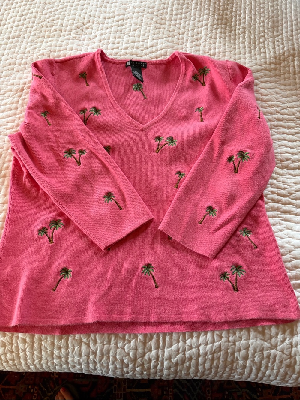 Carole Little Bright Pink cotton sweater with Embroidered Palm Trees. Size L
